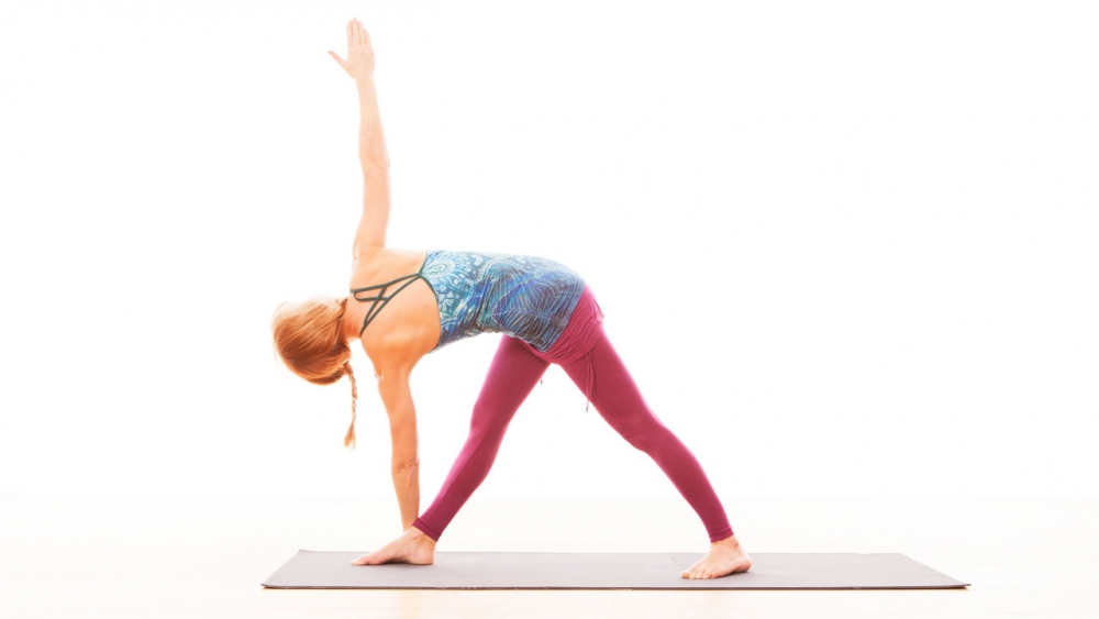 Premium Photo | Group of young sporty people doing revolved triangle pose  or parivrtta trikonasana, while practicing yoga on mats in bright spacious  studio