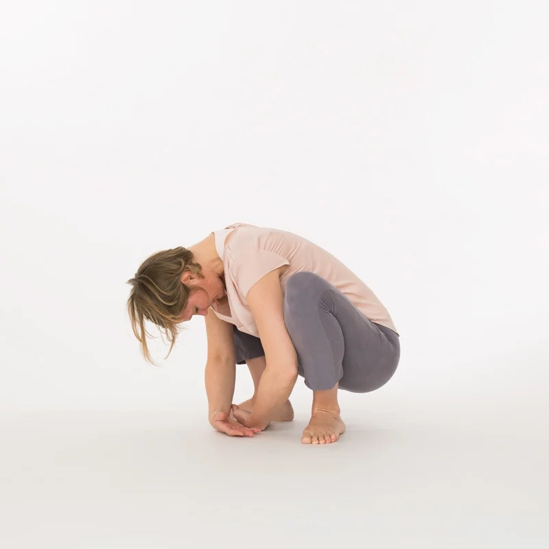 Sporty young woman in black sportswear sitting in squat, Garland Pose,  Malasana with hands in Namaste. Front view. Fitness and stretching at home.  Stock Photo | Adobe Stock