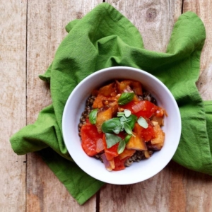 Eggplant with tomatoes, rice and puy lentils